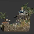 Wooden House Miniature Scene with Trees Stairs Small Bridge Vehicle and Rocks