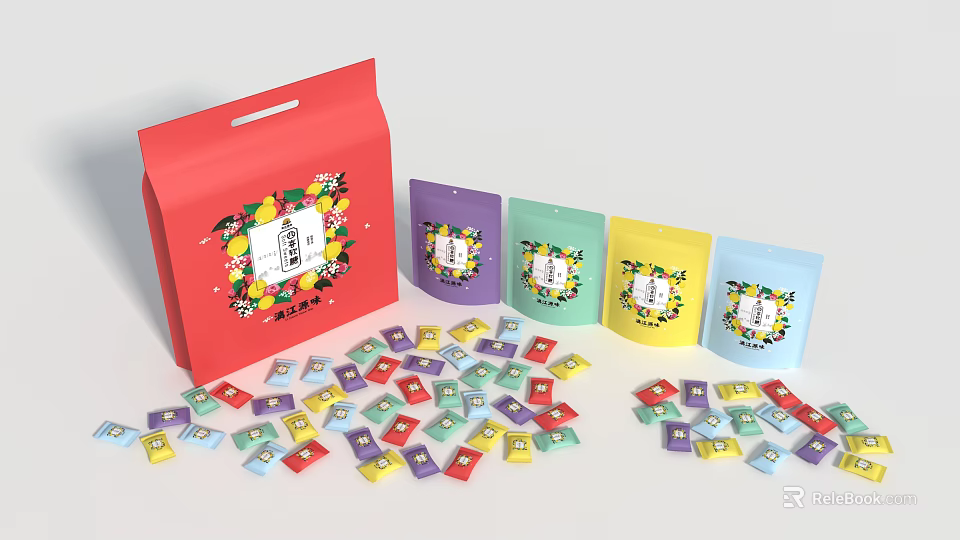 Assorted Colorful Candy Snacks in Red Gift Box with Small Bags and Scattered Squares 3d model 