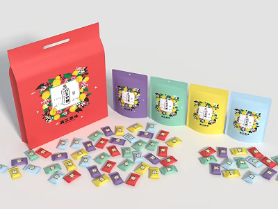 Assorted Colorful Candy Snacks in Red Gift Box with Small Bags and Scattered Squares 3d model