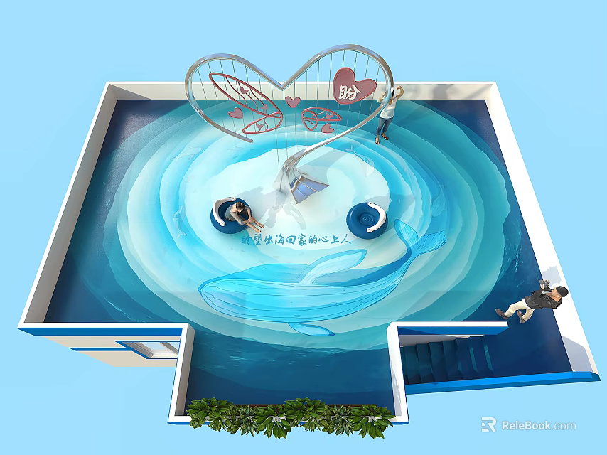 Blue Pool With Heart Shaped Structure Two People On Blue Mats Stairs And Green Plants 3d model 