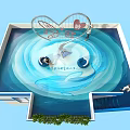 Blue Pool With Heart Shaped Structure Two People On Blue Mats Stairs And Green Plants