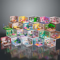 Cartoon Scenes With Colorful Stacked Mini Rooms And Various Interior Designs