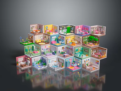 Cartoon Scenes With Colorful Stacked Mini Rooms And Various Interior Designs 3d model