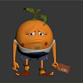 Anthropomorphic Orange Character With Sad Expression Wearing White Shirt Blue Shorts And Holding Box