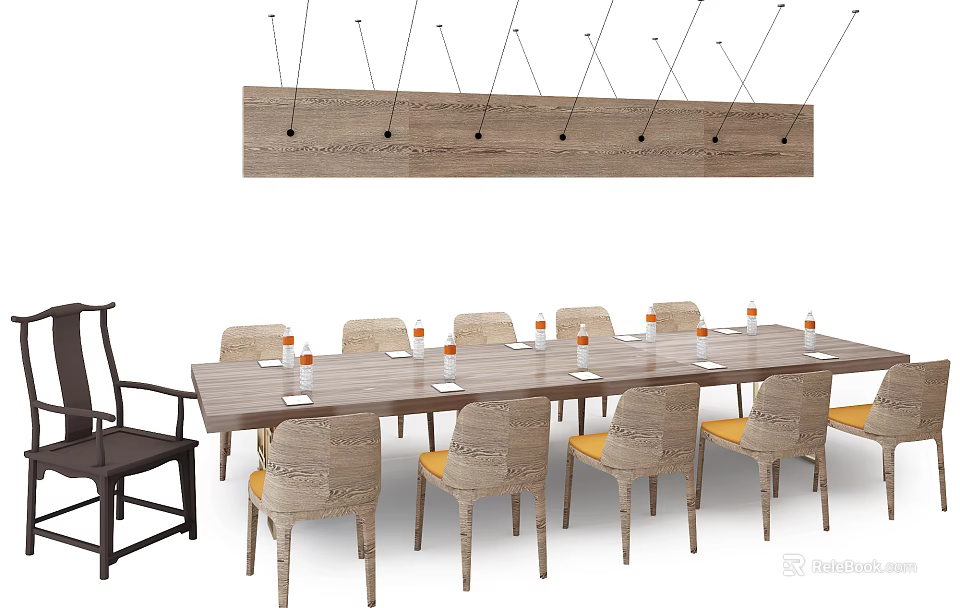 Wooden Conference Table With Woven Back Chairs Yellow Cushions Wooden Pendant Light And Glass Bottles 3d model 