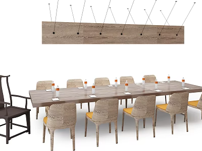 Wooden Conference Table With Woven Back Chairs Yellow Cushions Wooden Pendant Light And Glass Bottles 3d model