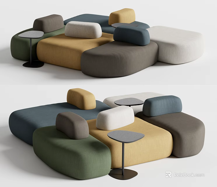 Modern Modular Sectional Sofa With Multi Colored Modules And Small Round Tables 3d model