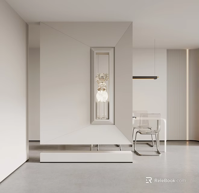 Modern White Interior Partition With Decorative Glass Chandelier And Minimalist Dining Furniture 3d model 