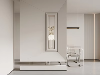 Modern White Interior Partition With Decorative Glass Chandelier And Minimalist Dining Furniture 3d model