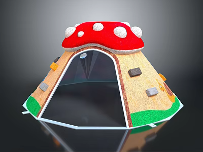Mushroom Shaped Playhouse With Red Roof White Spots Brown Body Transparent Door Green Grass Base 3d model