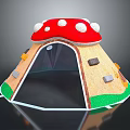 Mushroom Shaped Playhouse With Red Roof White Spots Brown Body Transparent Door Green Grass Base