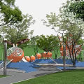Colorful Children's Play Area With Orange Slide Climbing Structure And Surrounding Trees