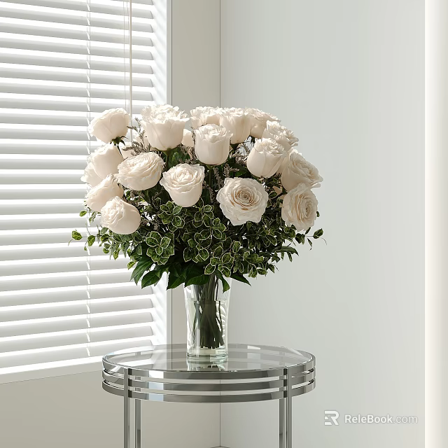 Fresh White Roses Floral Arrangement In Glass Vase On Round Table By White Window Blinds 3d model 