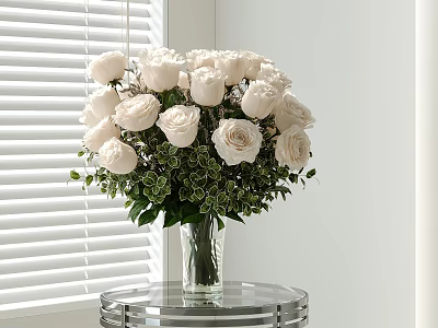 Fresh White Roses Floral Arrangement In Glass Vase On Round Table By White Window Blinds 3d model
