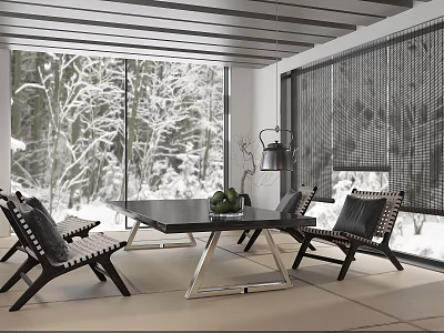 Cozy Tea Room Interior Design With Snowy Winter View Wooden Table And Woven Chairs 3d model