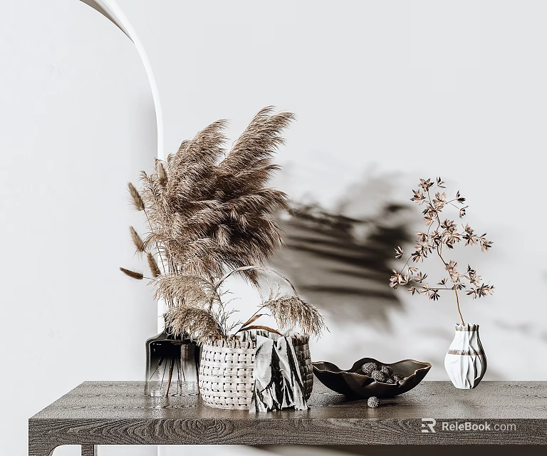 Decorative Ornament Set With Dried Pampas Grass Woven Basket Vase And Bowl On Wooden Tabletop 3d model 