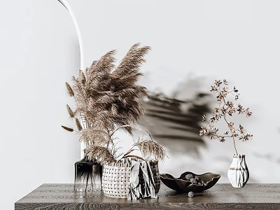 Decorative Ornament Set With Dried Pampas Grass Woven Basket Vase And Bowl On Wooden Tabletop 3d model