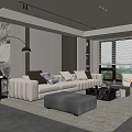 Modern Living Room Interior With Beige Sofa Gray Ottoman Textured Marble Wall And Large Windows