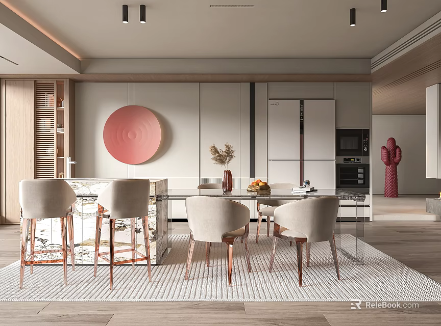 Modern Restaurant Dining Area With Open Layout Dining Table Chairs Bar Counter And Decorative Painting 3d model 