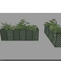 Green Rectangular Garden Planters With White Herringbone Pattern And Small Shrubs