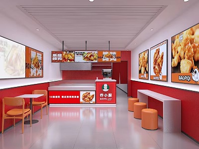 Bright Red And White Restaurant Interior With Fried Chicken Posters Orange Chairs And Order Counter 3d model
