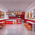 Bright Red And White Restaurant Interior With Fried Chicken Posters Orange Chairs And Order Counter