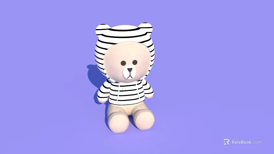 Cute Plush Bear Doll Wearing Black and White Striped Outfit on Purple Background 3d model 