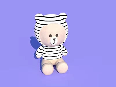 Cute Plush Bear Doll Wearing Black and White Striped Outfit on Purple Background 3d model