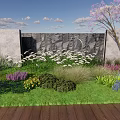 Vibrant Garden With Colorful Flowers Green Lawn Stone Wall Pink Blossom Tree And Wooden Deck
