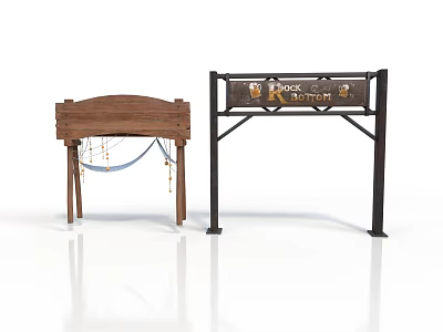 Wooden Table With Legs And Black Metal Frame Shelf Featuring Beer Cocktail Decor 3d model