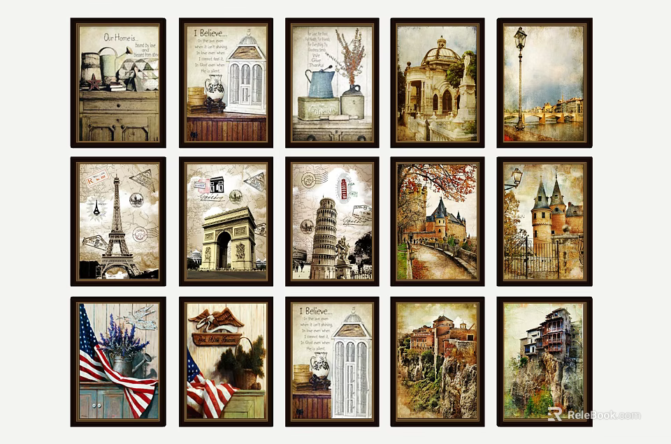 Vintage Framed Landscape Paintings Featuring Various Landmarks And Decorative Wall Art 3d model 