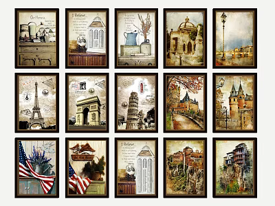 Vintage Framed Landscape Paintings Featuring Various Landmarks And Decorative Wall Art 3d model