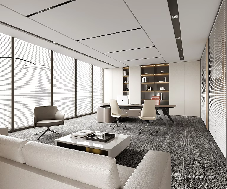 Modern Office Interior With Large Windows Woven Blinds Sofa Desk And Bookshelves 3d model 