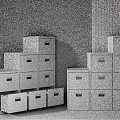 White Dressers in Various Heights with Multiple Drawers and Gray Striped Wall Interior