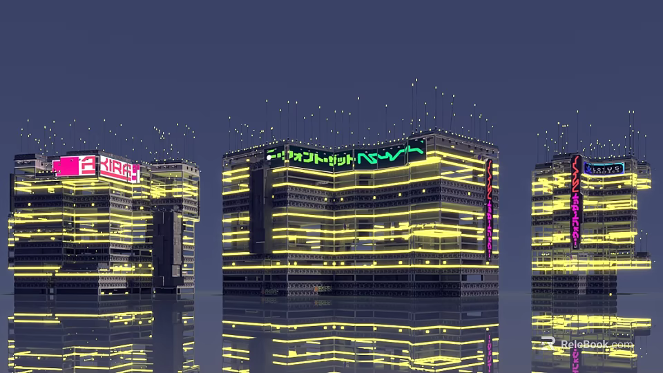 Future Architecture With Nighttime Illuminated Neon Lights Glass Facades And Water Reflections 3d model 