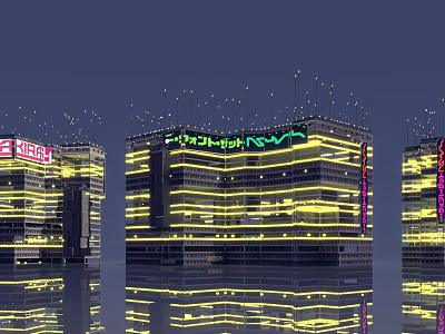 Future Architecture With Nighttime Illuminated Neon Lights Glass Facades And Water Reflections 3d model