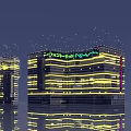Future Architecture With Nighttime Illuminated Neon Lights Glass Facades And Water Reflections