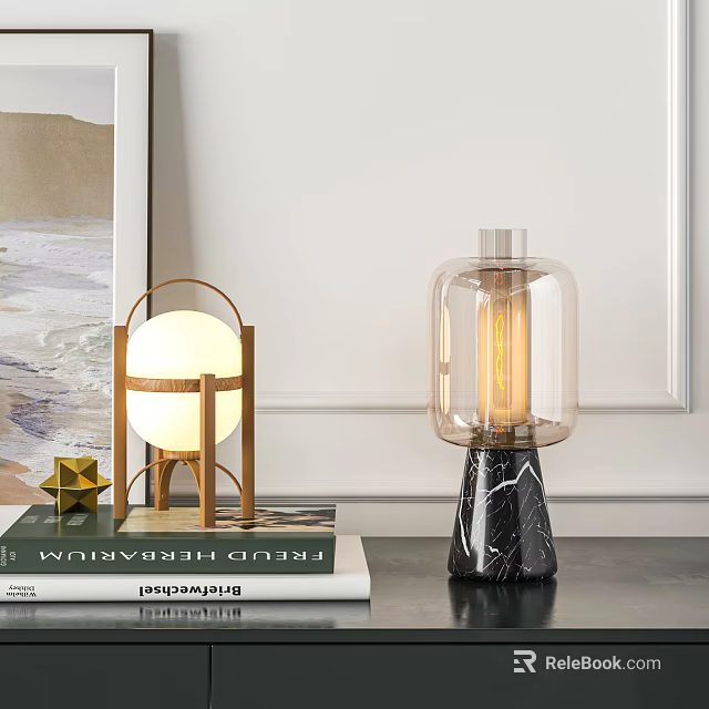 Modern Interior Table Lamps With Wooden Frame Round Shade Clear Glass And Marble Base 3d model 
