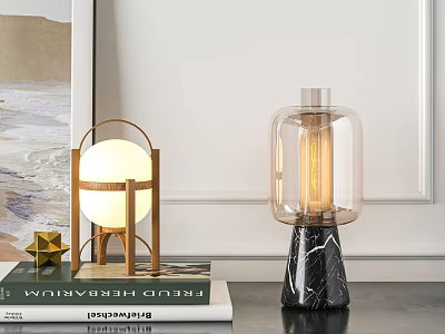 Modern Interior Table Lamps With Wooden Frame Round Shade Clear Glass And Marble Base 3d model