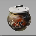 Pottery Jar With White Lid Red Character Man And Bamboo Patterns In Brown Gold Gradient