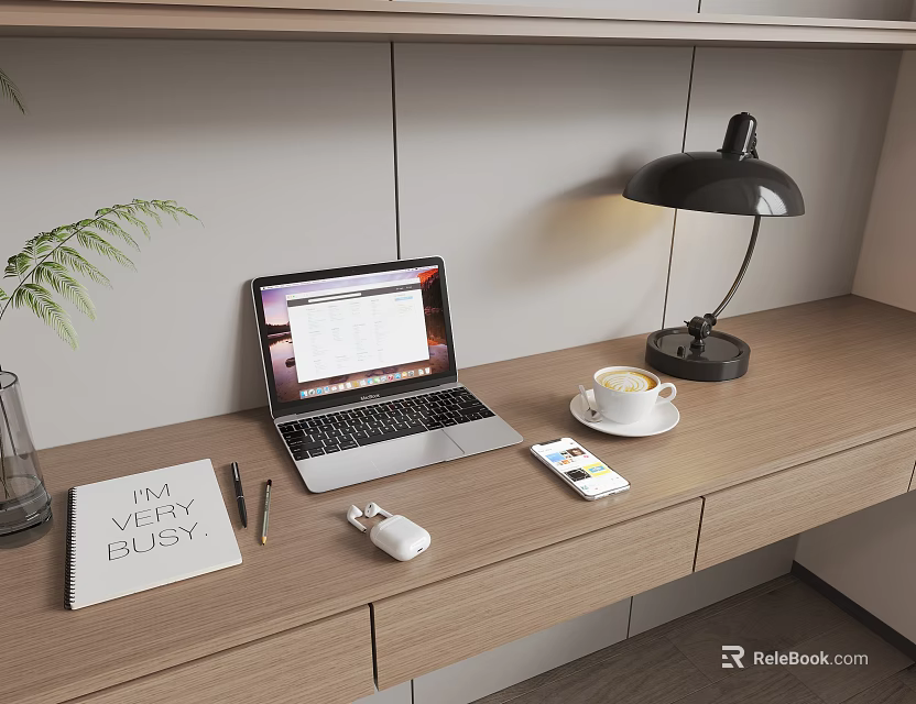 Open Laptop On Wooden Desk With Table Lamp Coffee Cup Mobile Phone And Green Plant 3d model 