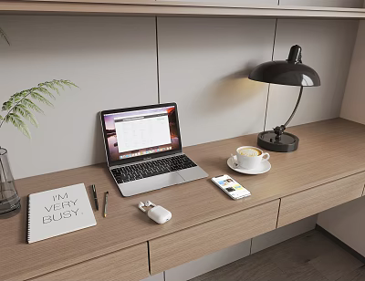 Open Laptop On Wooden Desk With Table Lamp Coffee Cup Mobile Phone And Green Plant 3d model