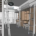 School Dormitory Interior With Bunk Beds Desks Lockers Windows And Ceiling Fan 3d model