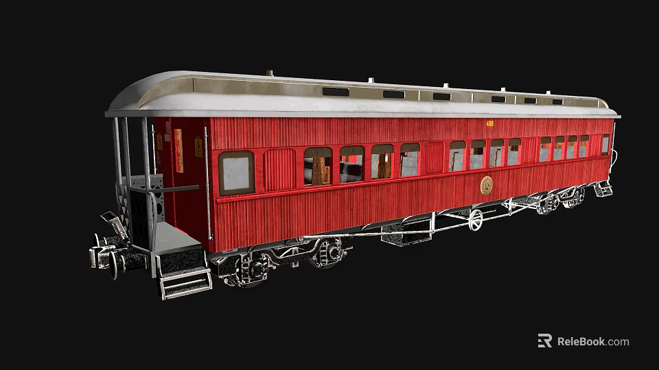 Red Vintage Tram Carriage With Wooden Body And Multiple Windows 3d model 