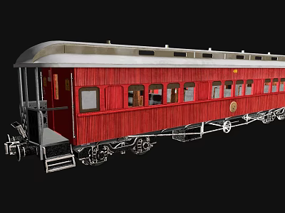 Red Vintage Tram Carriage With Wooden Body And Multiple Windows 3d model
