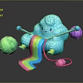 Adorable Blue Cloud Shaped Creature Knitting With Colorful Yarn Balls And Rainbow Yarn