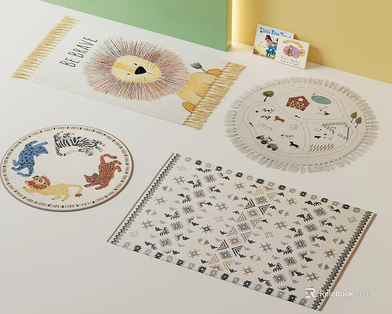 Colorful Round Rug With Lion Animal Pattern For Kids Room Decoration 3d model 