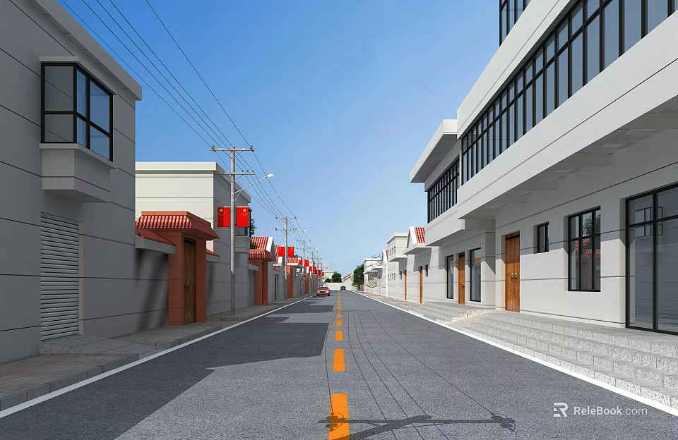Road Facilities Including Street Lamps And Yellow Center Line Markings On Urban Street With Buildings 3d model 