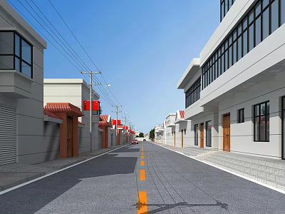 Road Facilities Including Street Lamps And Yellow Center Line Markings On Urban Street With Buildings 3d model