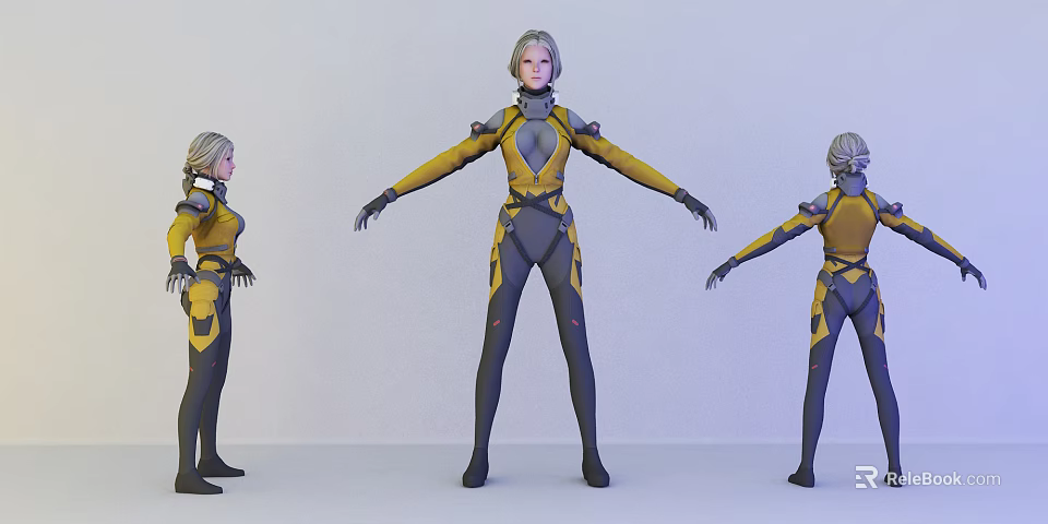 Game Movie Character 3D Model With Yellow Black Outfit And Gray Hair Three Angle Poses 3d model 